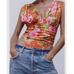 Zara Womens Bright Floral Bodysuit/Swimsuit Tropical Orange & Pink Size M